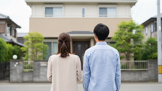 新築一戸建てを見上げる夫婦