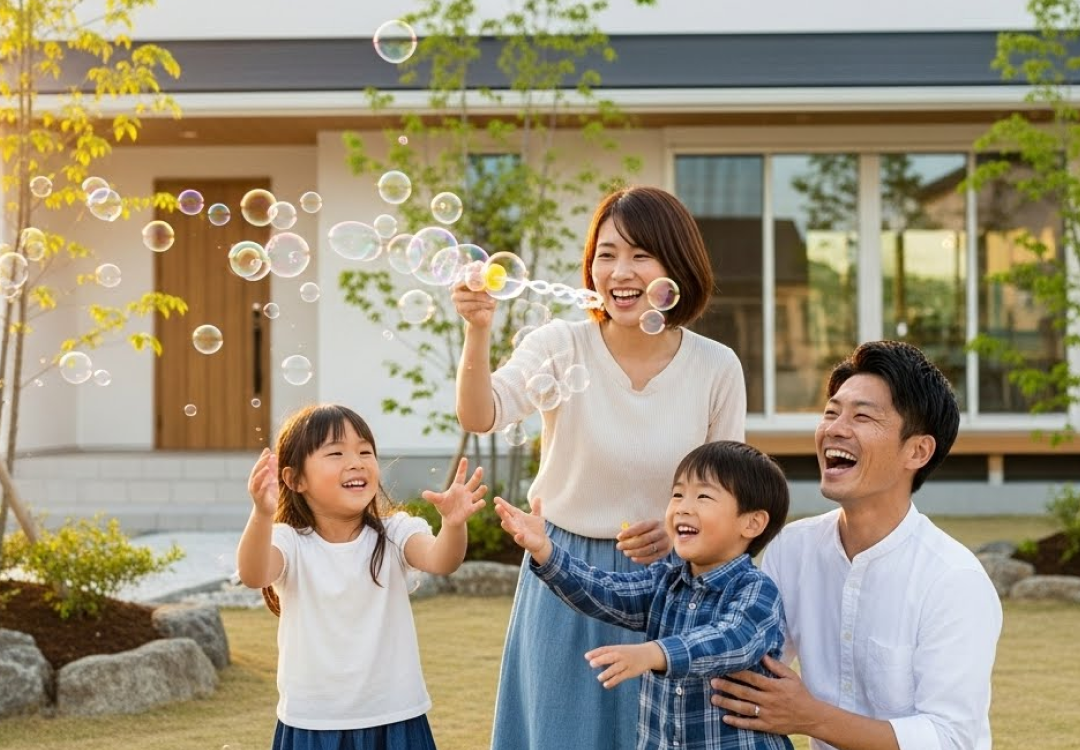 シャボン玉で遊ぶ家族