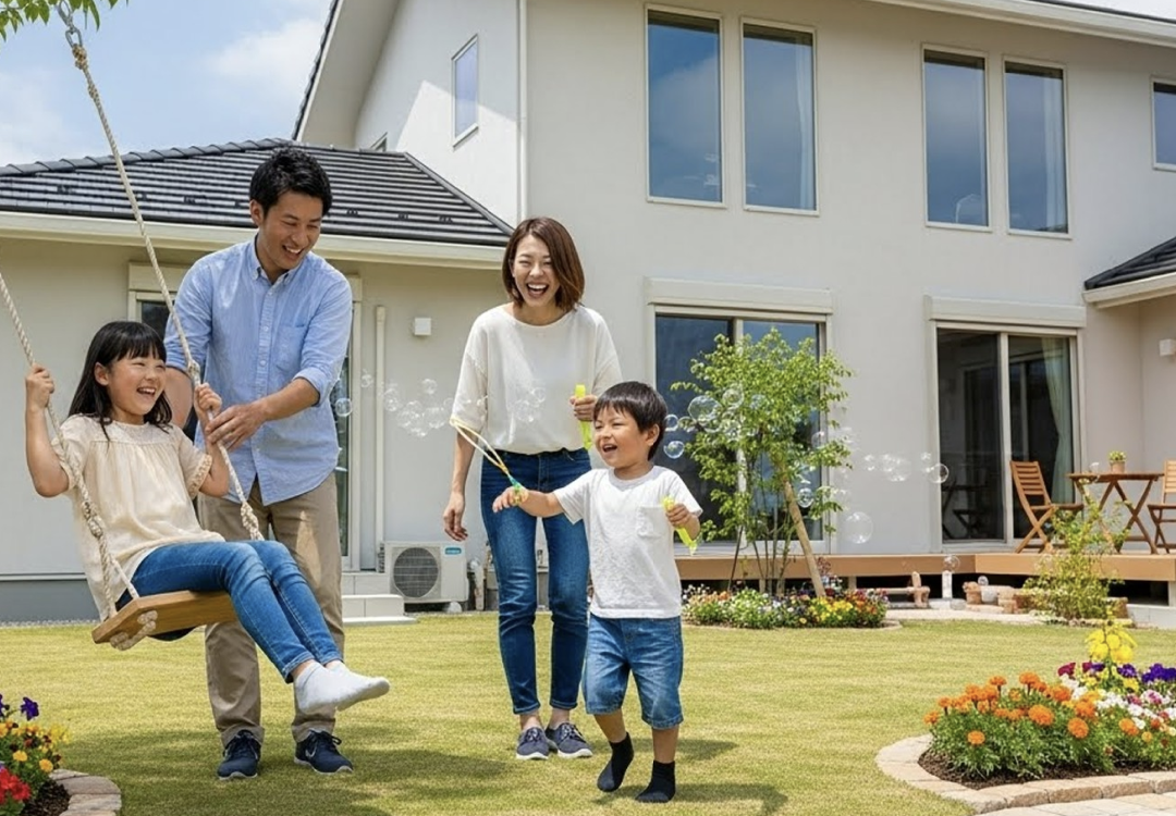 ブランコで遊ぶ子どもと見守る家族